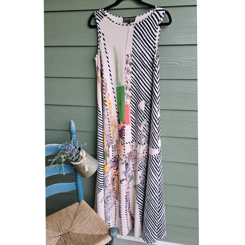 Anthropologie Geisha Designs Ivory Drama Abstract Sleeveless Maxi Dress
